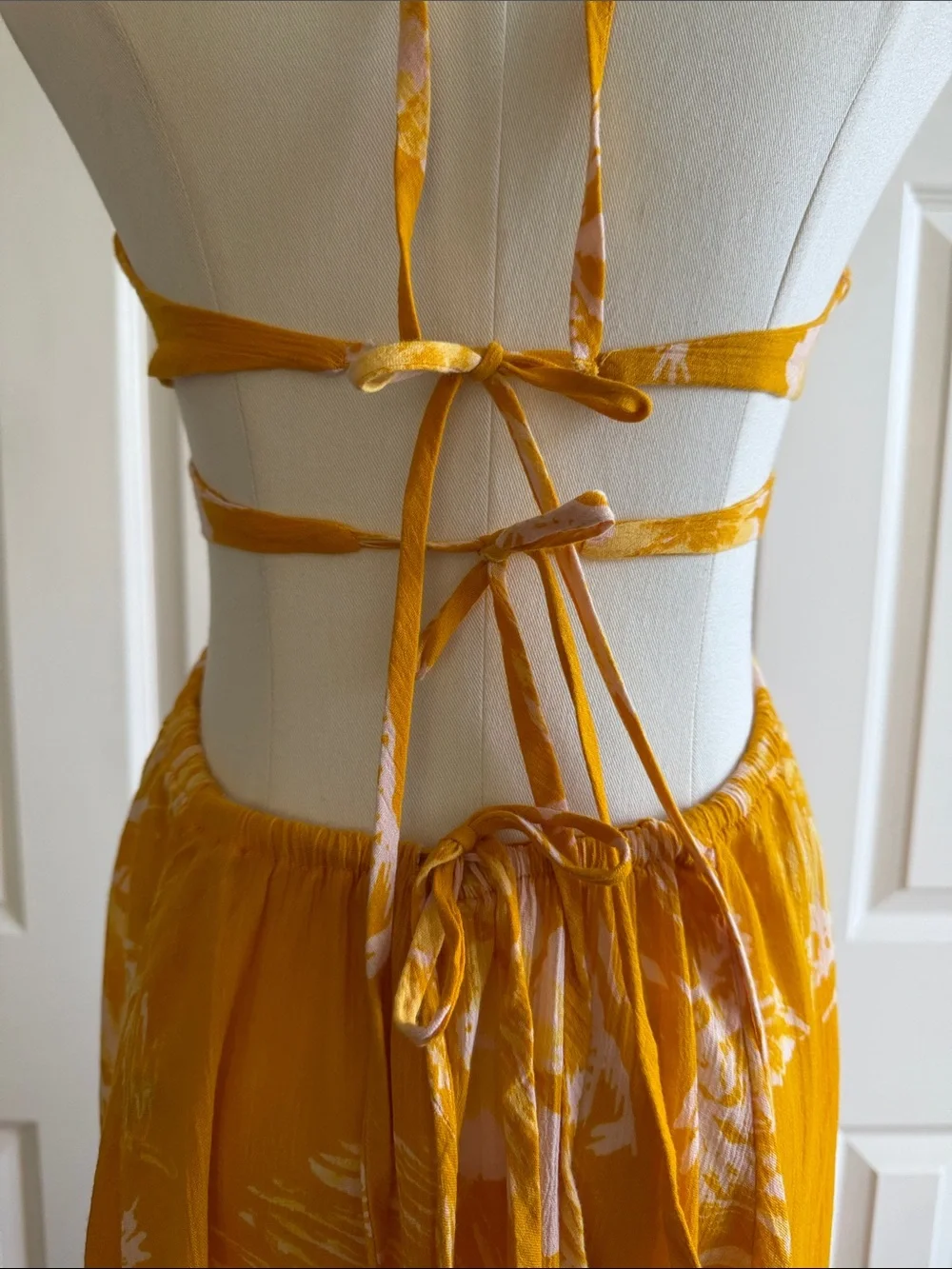 Free People Lille Halter Yellow Floral Dress Boho Open Back Side Cutouts Size S